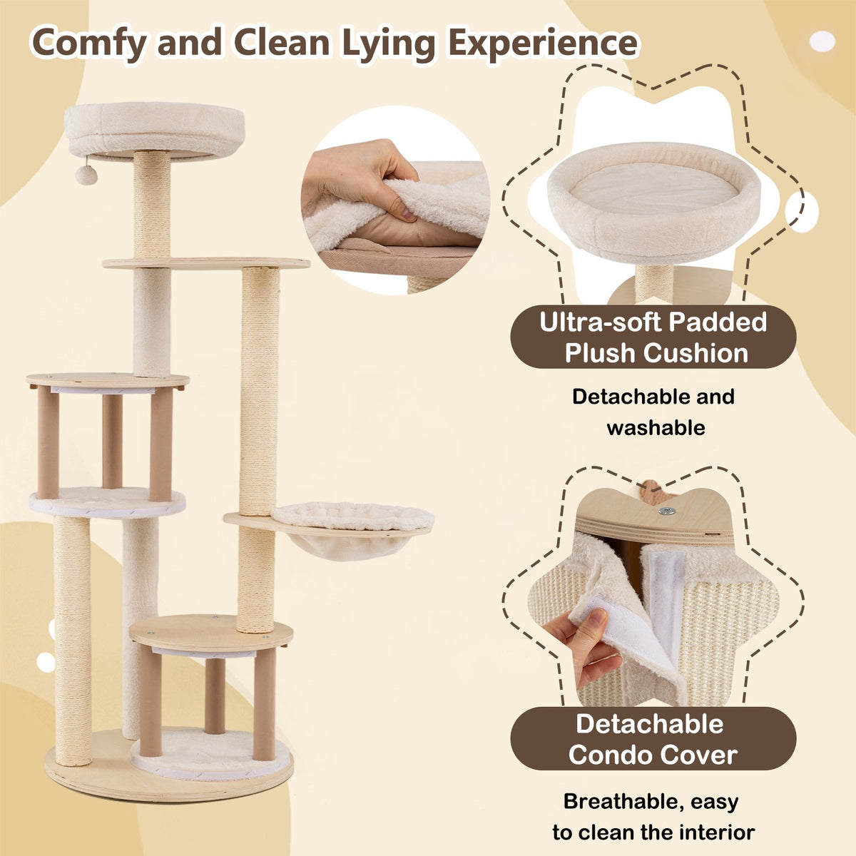 Wooden Kitten Tower with Sisal Scratching Posts and 2 Condos-Natural view 9