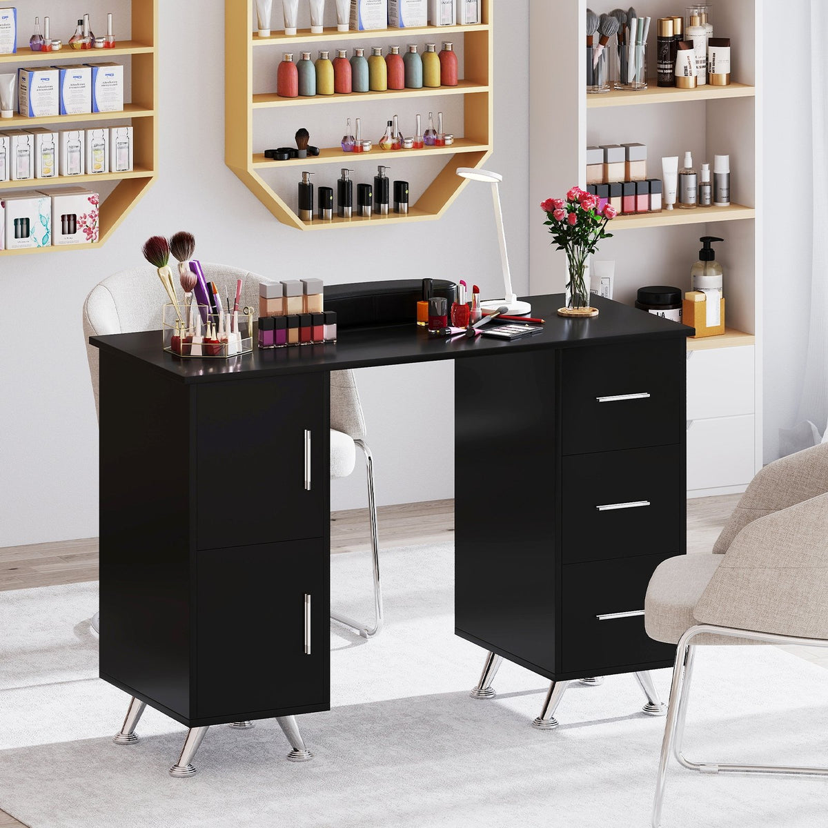 Wooden Manicure Table Nail Desk with Drawers Wrist Rest-Black view 2