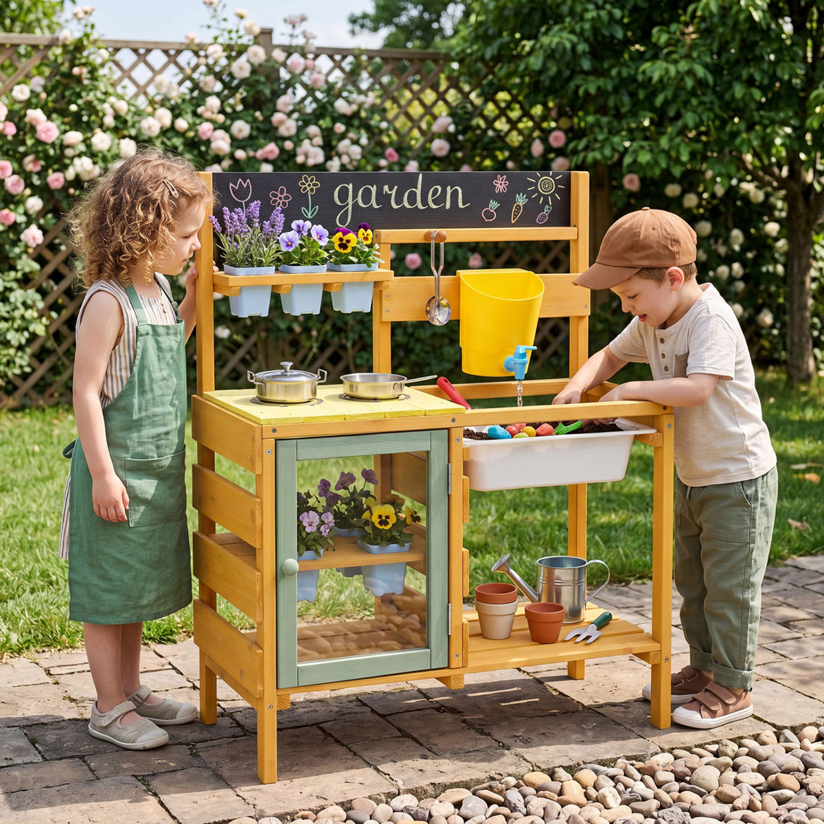 Wooden Mud Kitchen for Toddlers with Faucet and Water Tank-Yellow view 2