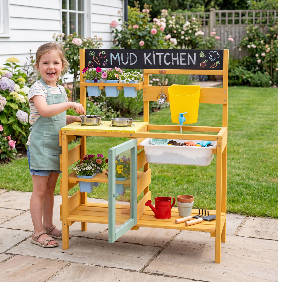 Wooden Mud Kitchen for Toddlers with Faucet and Water Tank-Yellow view 3