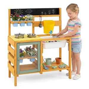 Wooden Mud Kitchen for Toddlers with Faucet and Water Tank-Yellow view 4