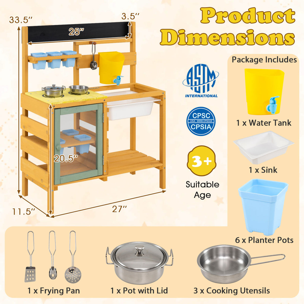 Wooden Mud Kitchen for Toddlers with Faucet and Water Tank-Yellow view 5