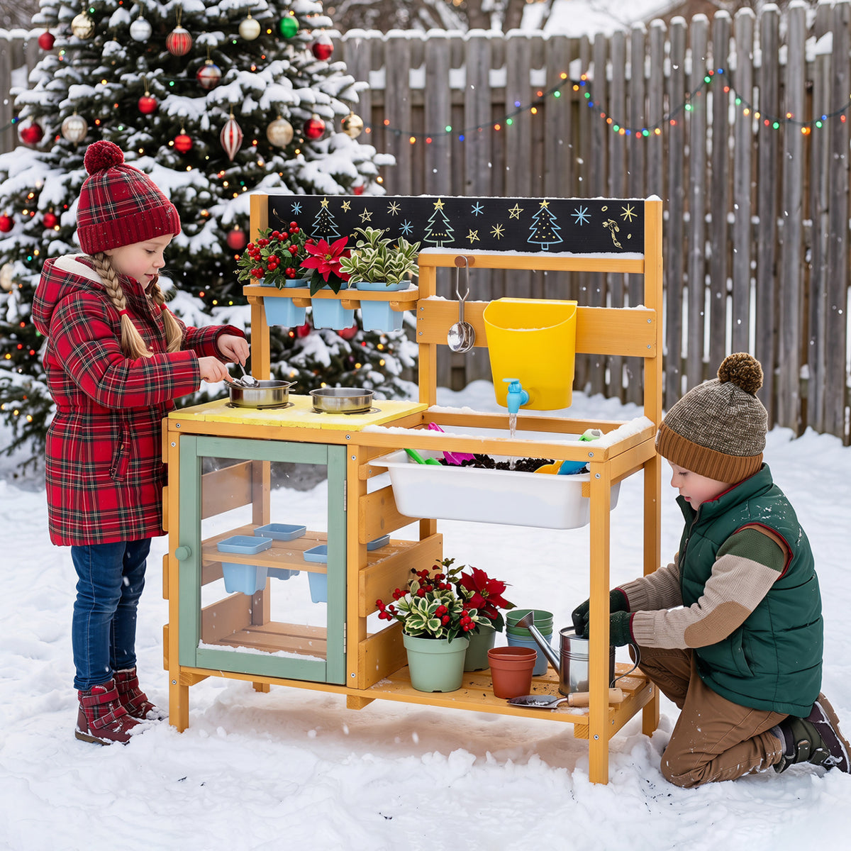 Wooden Mud Kitchen for Toddlers with Faucet and Water Tank-Yellow view 6