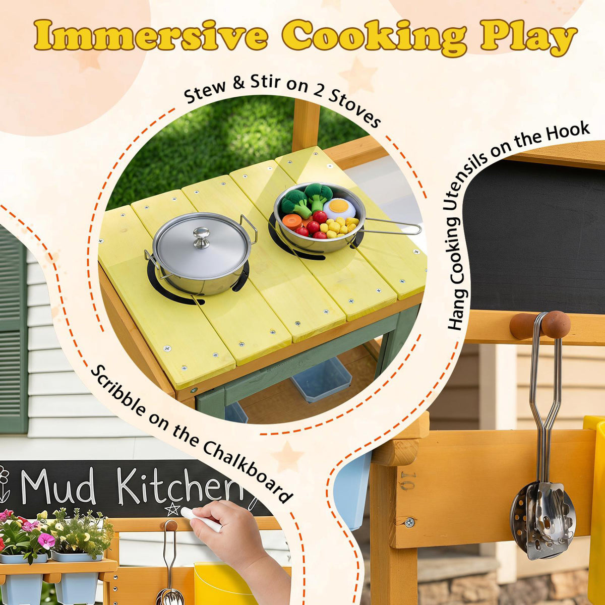 Wooden Mud Kitchen for Toddlers with Faucet and Water Tank-Yellow view 7