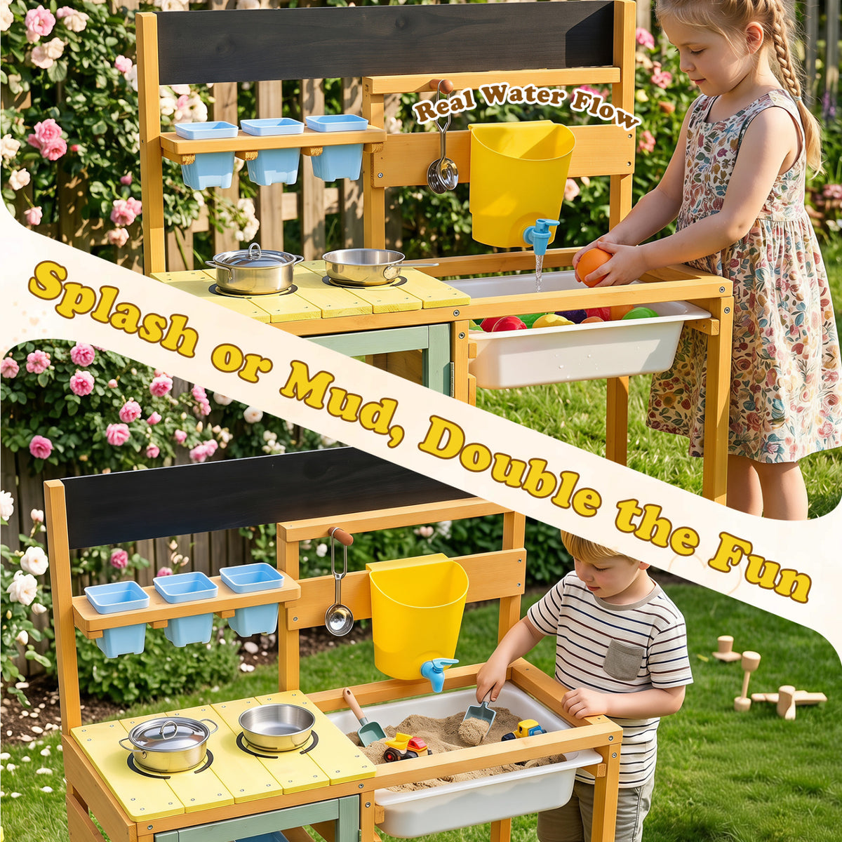 Wooden Mud Kitchen for Toddlers with Faucet and Water Tank-Yellow view 8