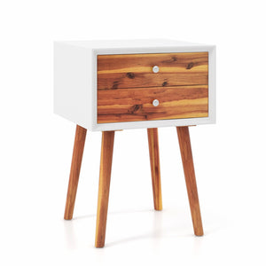 Wooden Nightstand Mid-Century End Side Table with 2 Storage Drawers-Brown