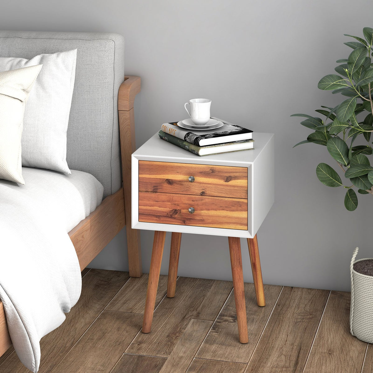 Wooden Nightstand Mid-Century End Side Table with 2 Storage Drawers-Brown view 2