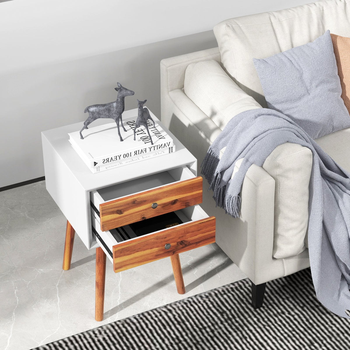 Wooden Nightstand Mid-Century End Side Table with 2 Storage Drawers-Brown view 3