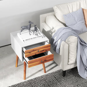 Wooden Nightstand Mid-Century End Side Table with 2 Storage Drawers-Brown view 3