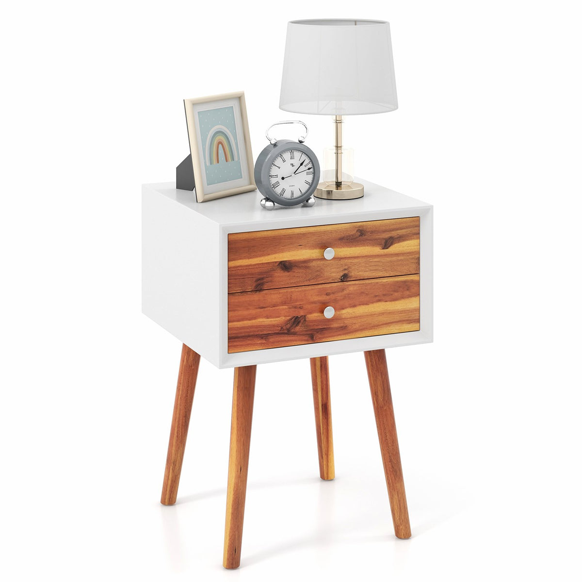 Wooden Nightstand Mid-Century End Side Table with 2 Storage Drawers-Brown view 4