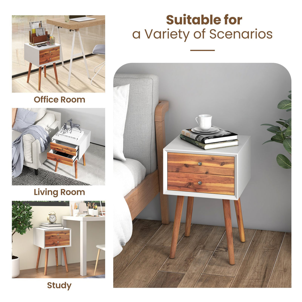 Wooden Nightstand Mid-Century End Side Table with 2 Storage Drawers-Brown view 9