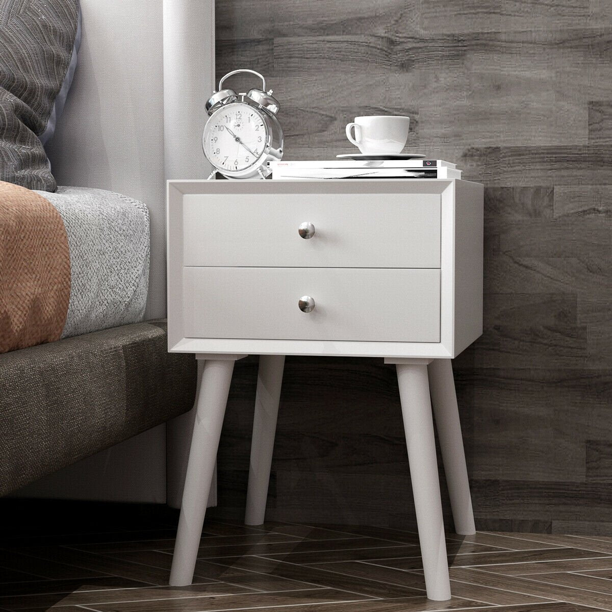 Wooden Nightstand Mid-Century End Side Table with 2 Storage Drawers-White view 2
