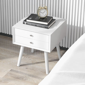 Wooden Nightstand Mid-Century End Side Table with 2 Storage Drawers-White view 3