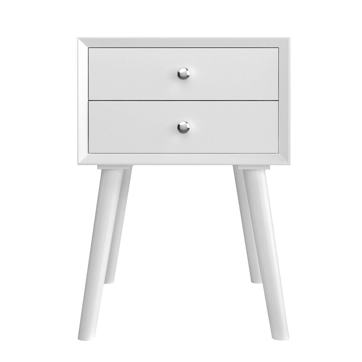 Wooden Nightstand Mid-Century End Side Table with 2 Storage Drawers-White view 4
