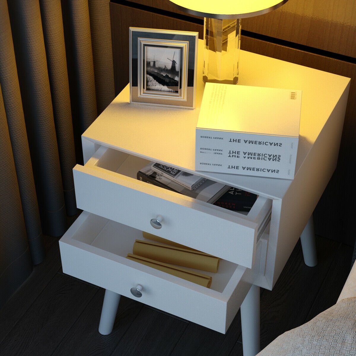 Wooden Nightstand Mid-Century End Side Table with 2 Storage Drawers-White view 6