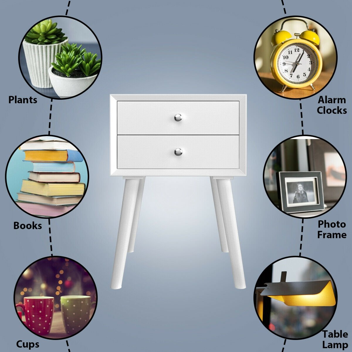 Wooden Nightstand Mid-Century End Side Table with 2 Storage Drawers-White view 9