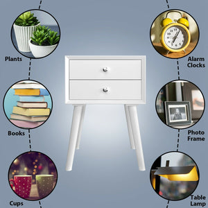 Wooden Nightstand Mid-Century End Side Table with 2 Storage Drawers-White view 9
