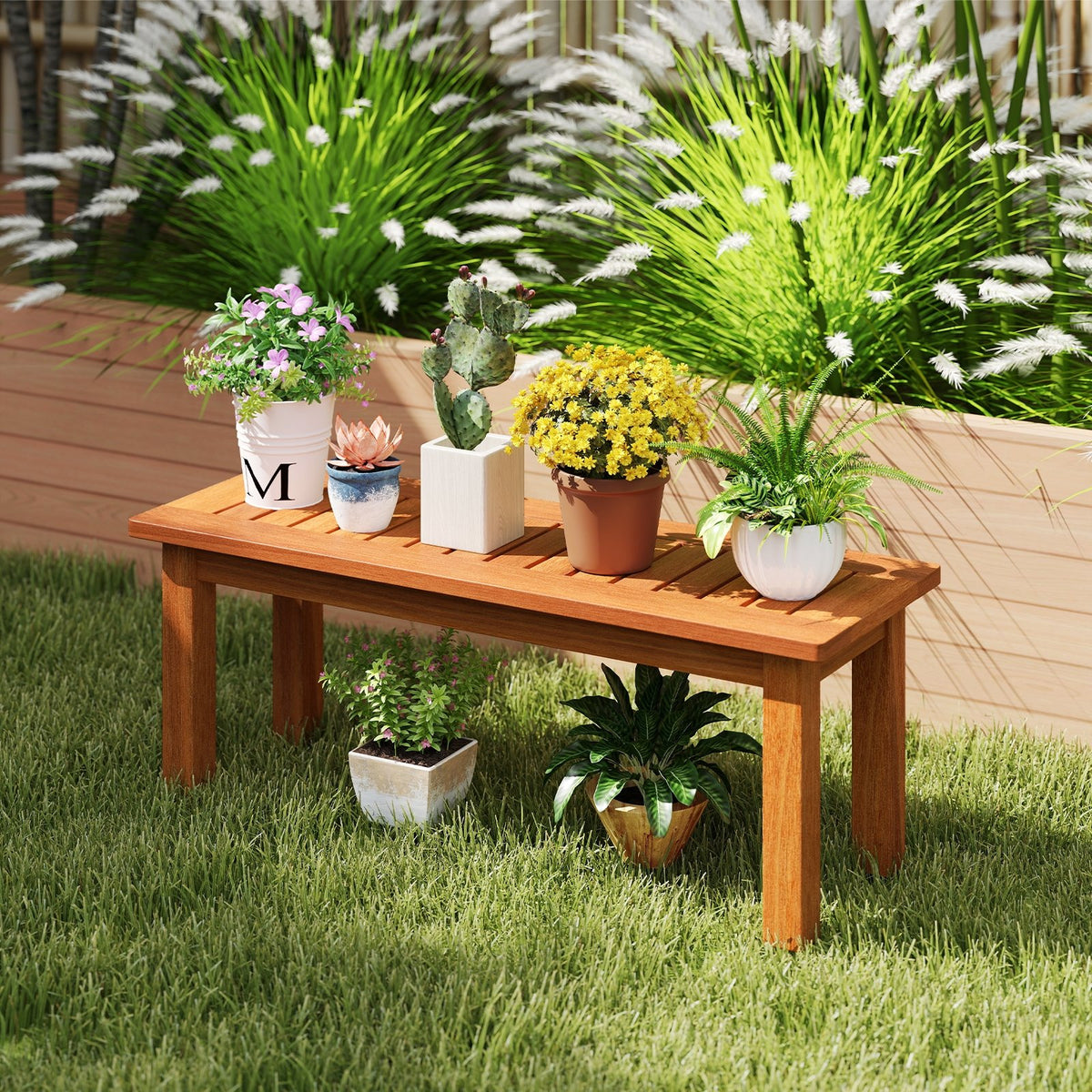 Wooden Plant Stand Outdoor Indoor Solid Wood Flower Pot Holder Display Shelf-S view 2