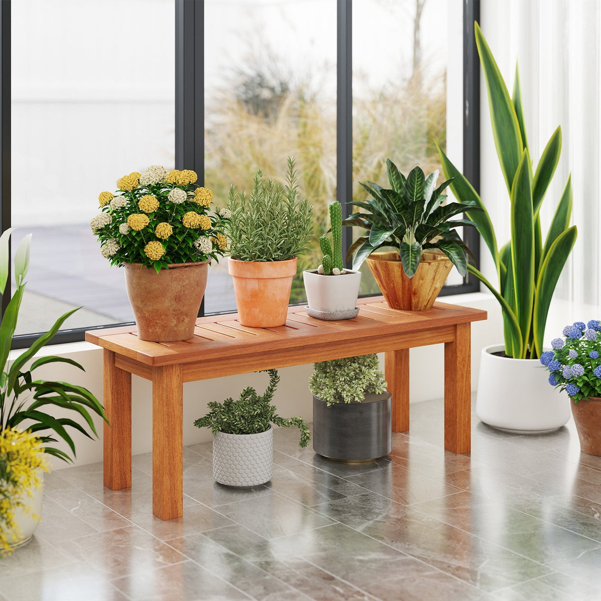 Wooden Plant Stand Outdoor Indoor Solid Wood Flower Pot Holder Display Shelf-S view 3