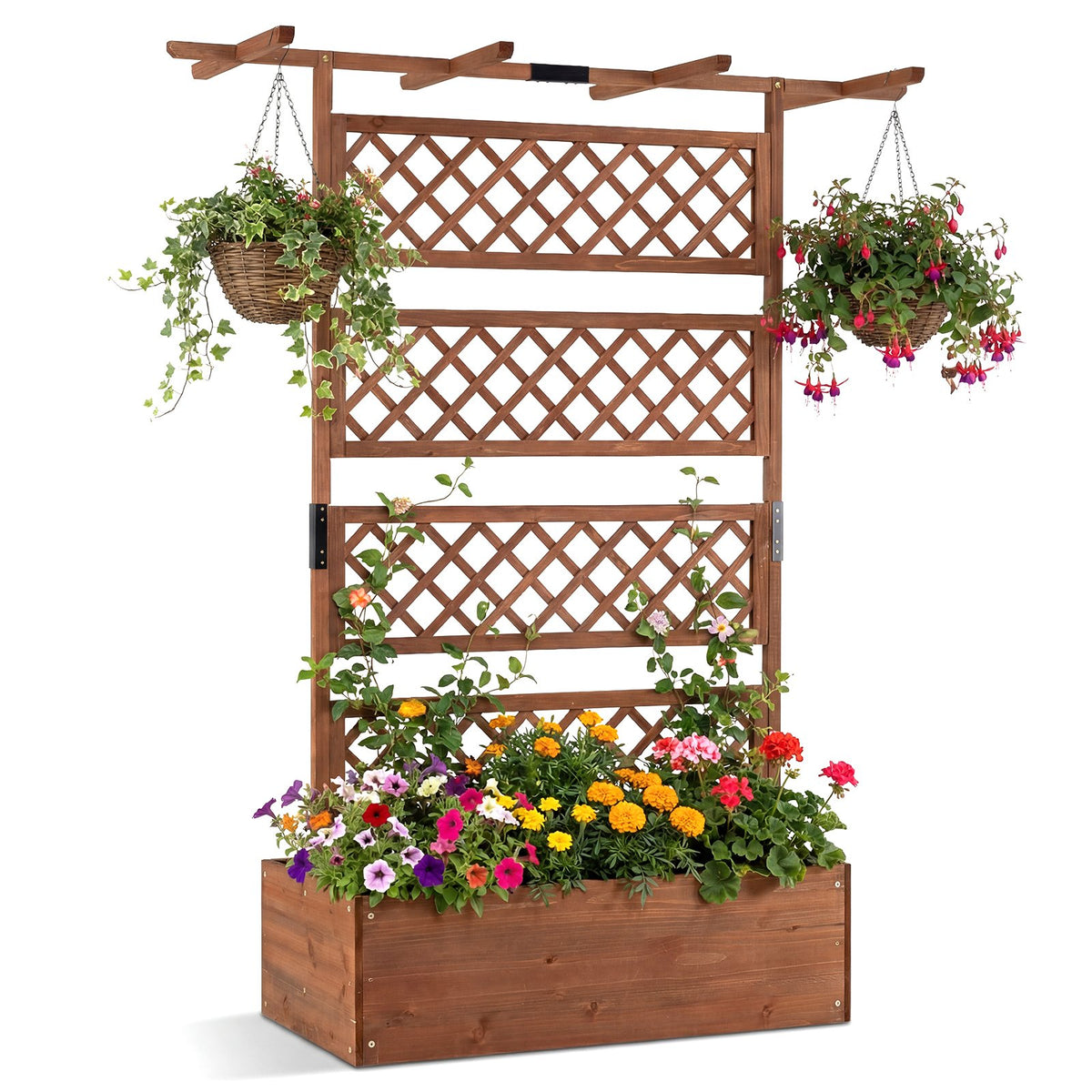 Wooden Planter Box with Lattice Trellis Raised Garden Bed Privacy Screen with Flat Roof-Brown