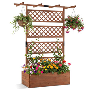 Wooden Planter Box with Lattice Trellis Raised Garden Bed Privacy Screen with Flat Roof-Brown