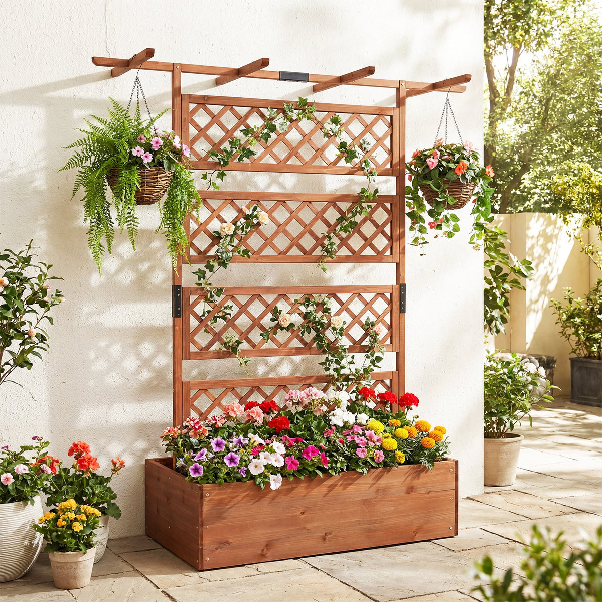 Wooden Planter Box with Lattice Trellis Raised Garden Bed Privacy Screen with Flat Roof-Brown view 2
