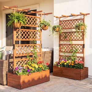 Wooden Planter Box with Lattice Trellis Raised Garden Bed Privacy Screen with Flat Roof-Brown view 3