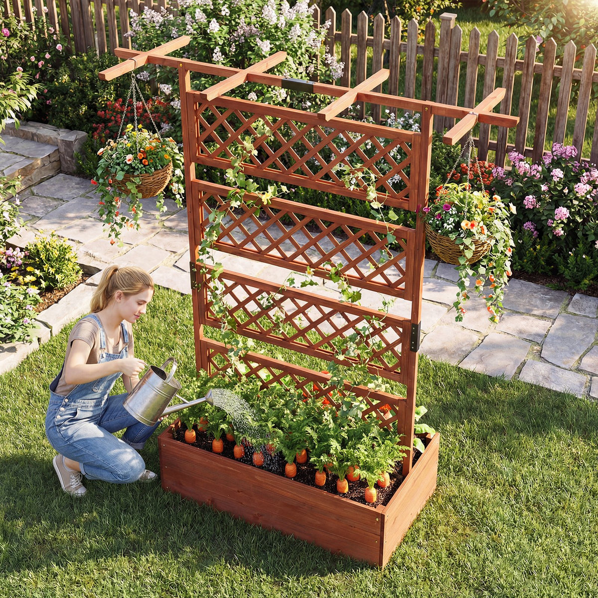 Wooden Planter Box with Lattice Trellis Raised Garden Bed Privacy Screen with Flat Roof-Brown view 5
