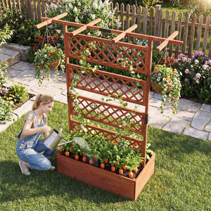Wooden Planter Box with Lattice Trellis Raised Garden Bed Privacy Screen with Flat Roof-Brown view 5