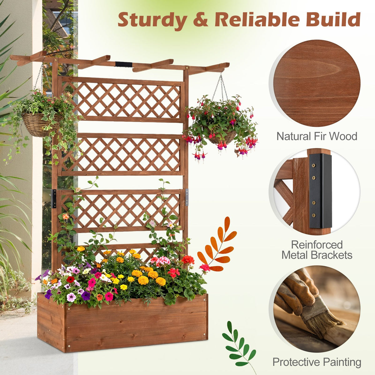 Wooden Planter Box with Lattice Trellis Raised Garden Bed Privacy Screen with Flat Roof-Brown view 6