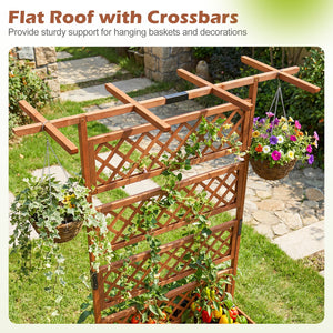 Wooden Planter Box with Lattice Trellis Raised Garden Bed Privacy Screen with Flat Roof-Brown view 7