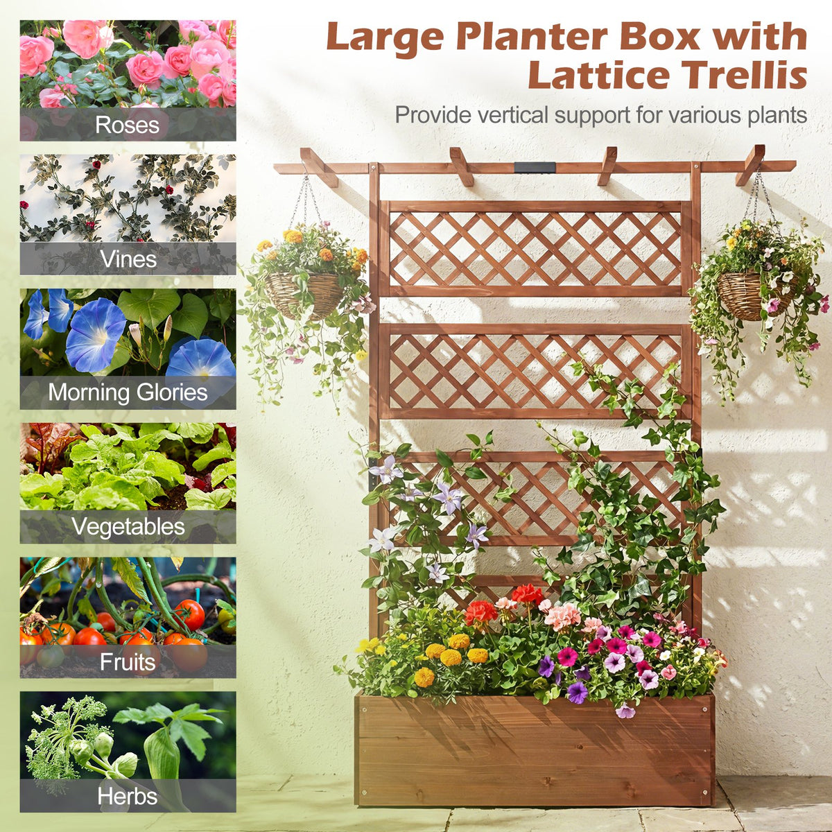 Wooden Planter Box with Lattice Trellis Raised Garden Bed Privacy Screen with Flat Roof-Brown view 8