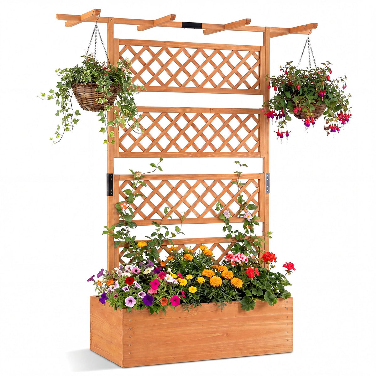 Wooden Planter Box with Lattice Trellis Raised Garden Bed Privacy Screen with Flat Roof-Orange