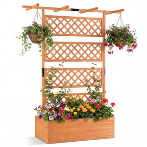 Wooden Planter Box with Lattice Trellis Raised Garden Bed Privacy Screen with Flat Roof-Orange