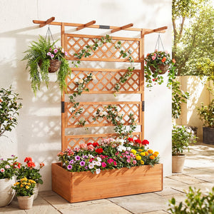 Wooden Planter Box with Lattice Trellis Raised Garden Bed Privacy Screen with Flat Roof-Orange view 2