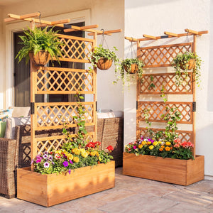 Wooden Planter Box with Lattice Trellis Raised Garden Bed Privacy Screen with Flat Roof-Orange view 3