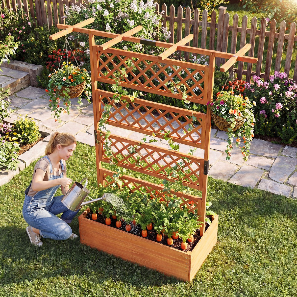 Wooden Planter Box with Lattice Trellis Raised Garden Bed Privacy Screen with Flat Roof-Orange view 5
