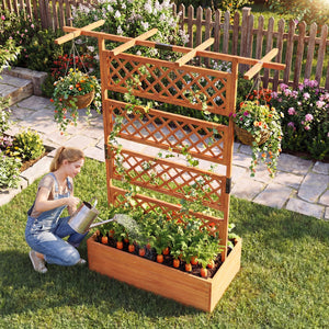Wooden Planter Box with Lattice Trellis Raised Garden Bed Privacy Screen with Flat Roof-Orange view 5