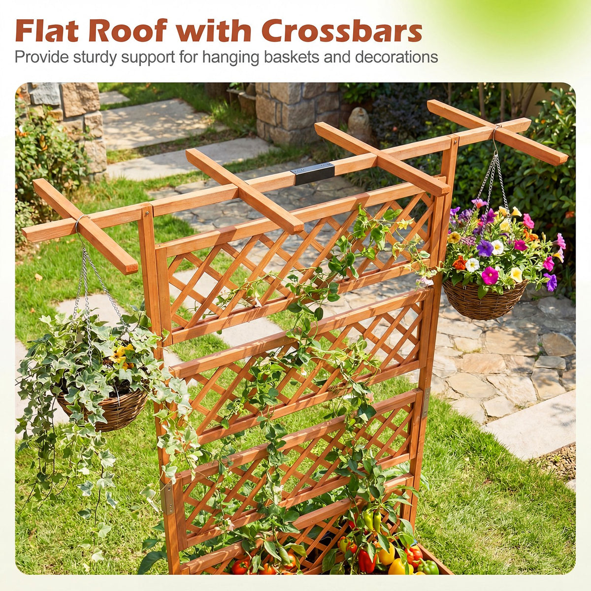 Wooden Planter Box with Lattice Trellis Raised Garden Bed Privacy Screen with Flat Roof-Orange view 7