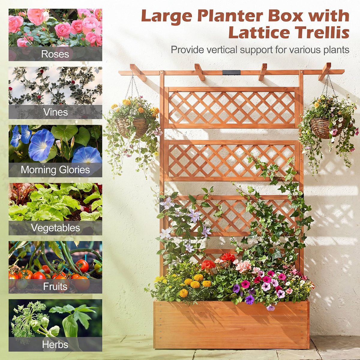 Wooden Planter Box with Lattice Trellis Raised Garden Bed Privacy Screen with Flat Roof-Orange view 8