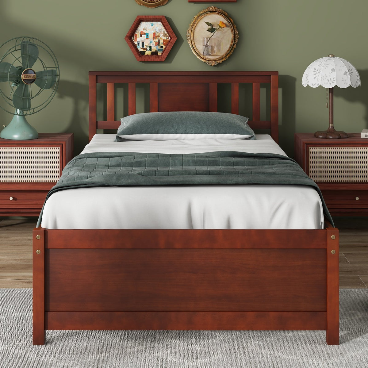 Wooden Platform Bed with Headboard and Slat Support-Twin Size view 2