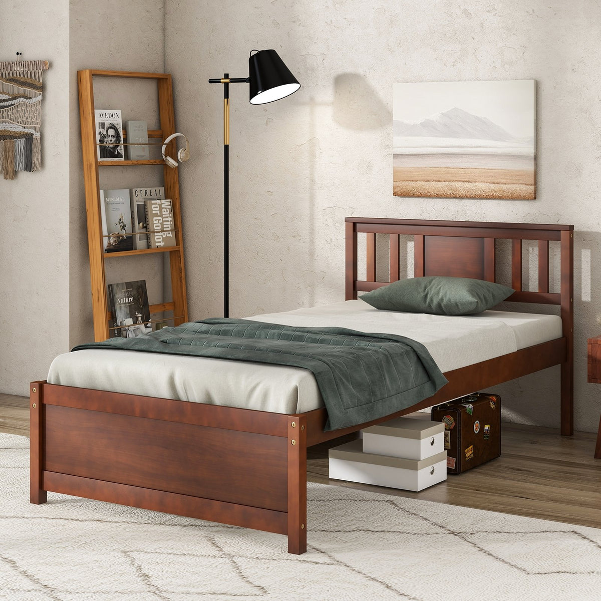 Wooden Platform Bed with Headboard and Slat Support-Twin Size view 3