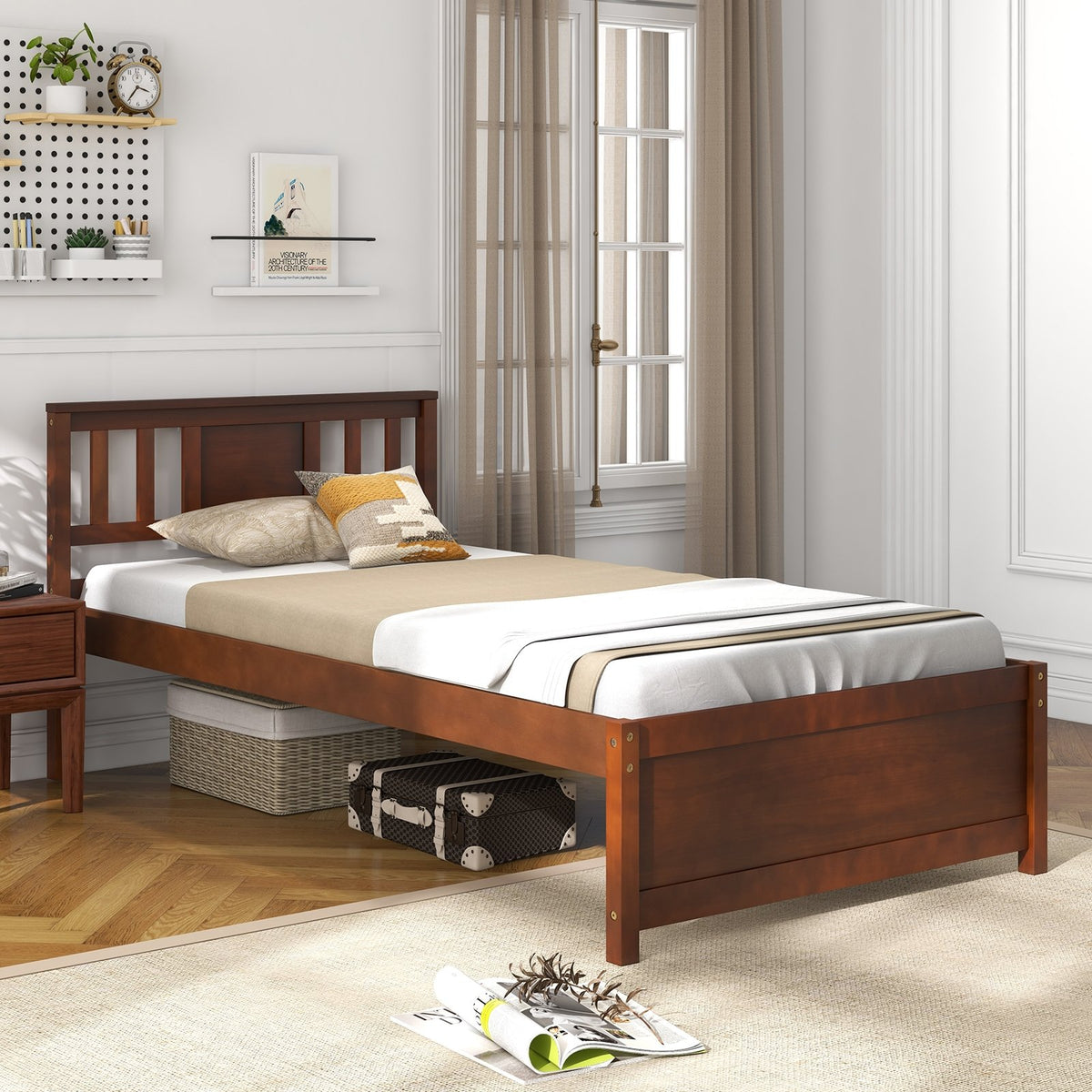 Wooden Platform Bed with Headboard and Slat Support-Twin Size view 6