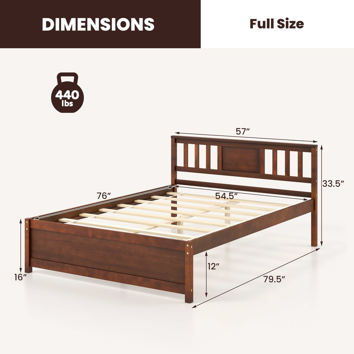 Wooden Platform Bed with Headboard and Wood Slat Support-Full Size view 4