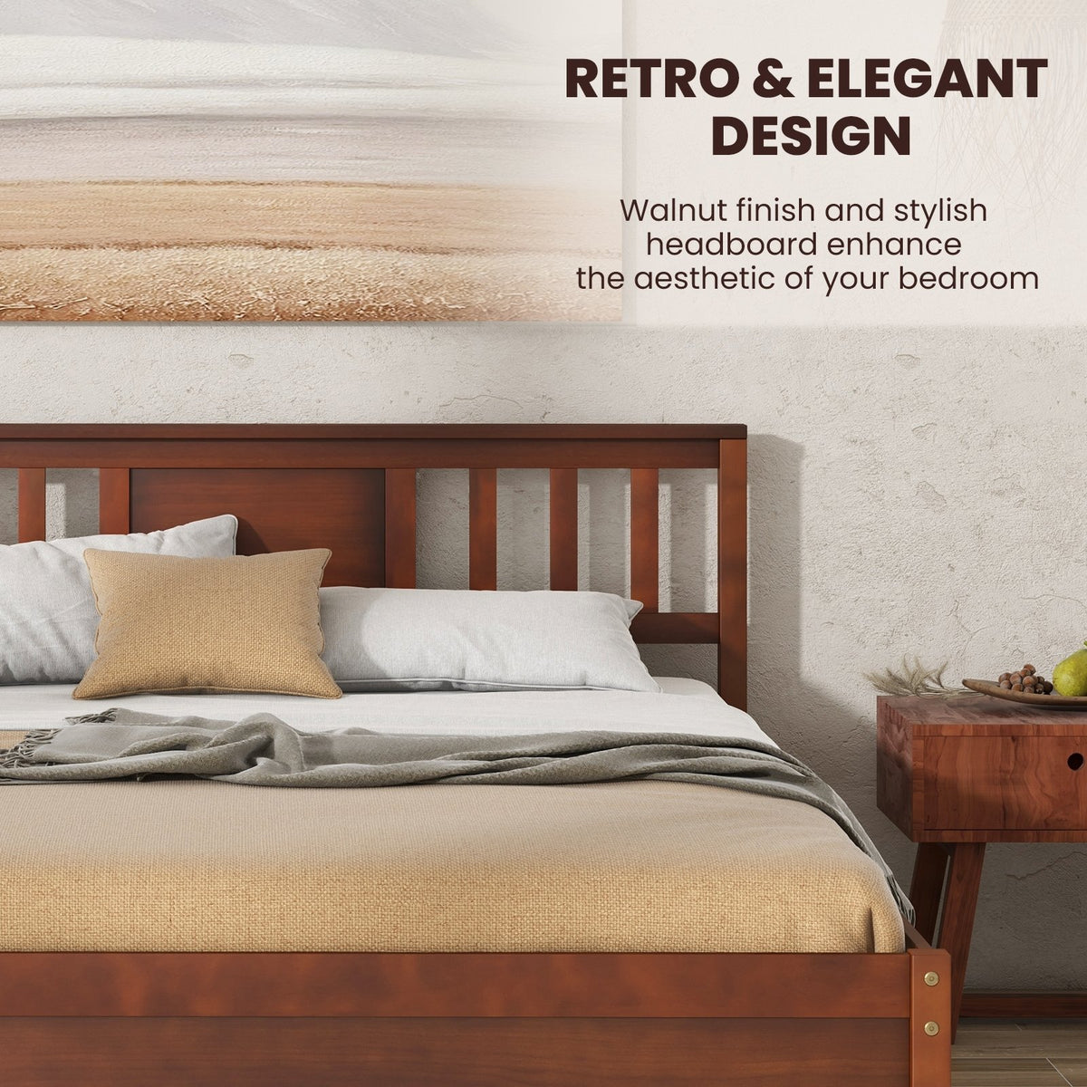 Wooden Platform Bed with Headboard and Wood Slat Support-Full Size view 8