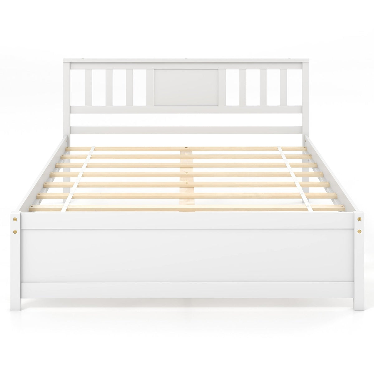 Wooden Platform Bed with Headboard and Wood Slat Support White-Full Size