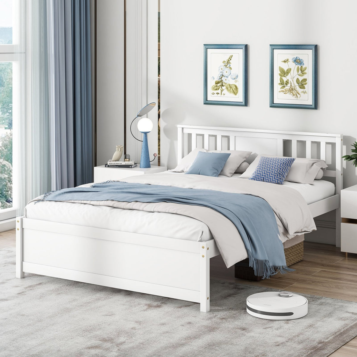 Wooden Platform Bed with Headboard and Wood Slat Support White-Full Size view 2