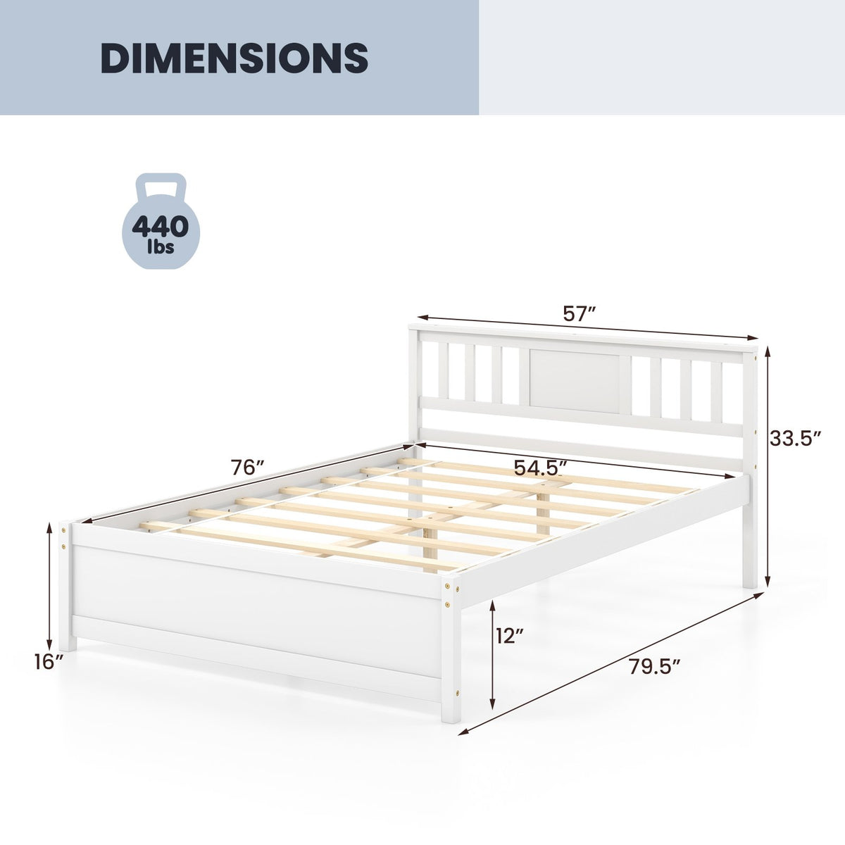 Wooden Platform Bed with Headboard and Wood Slat Support White-Full Size view 4
