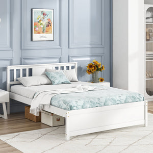 Wooden Platform Bed with Headboard and Wood Slat Support White-Full Size view 5