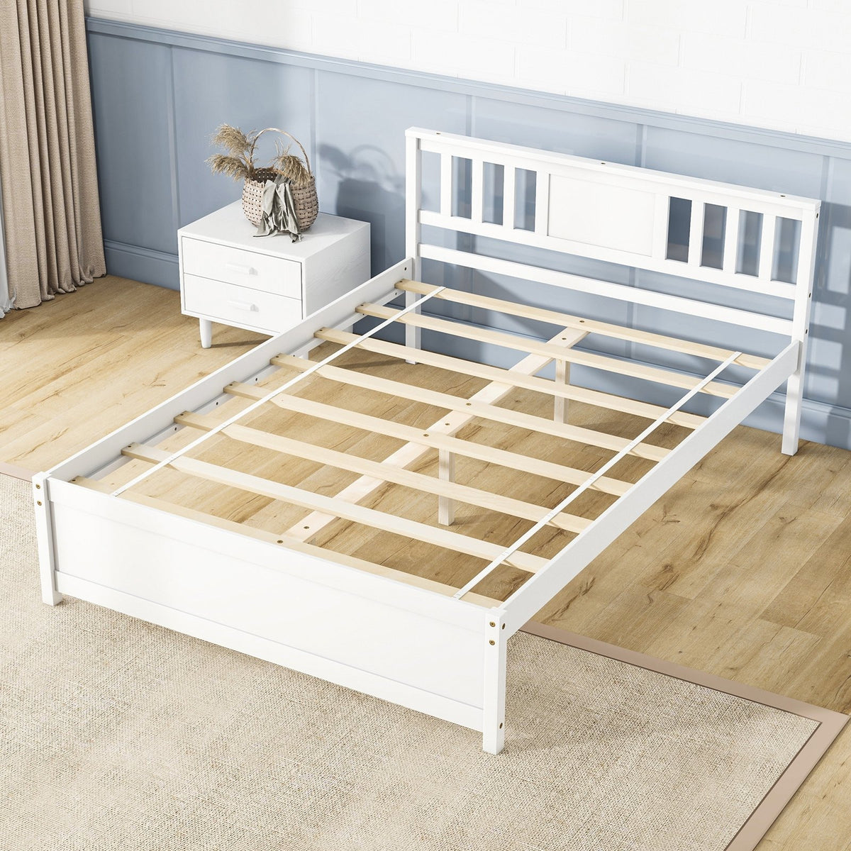 Wooden Platform Bed with Headboard and Wood Slat Support White-Full Size view 6